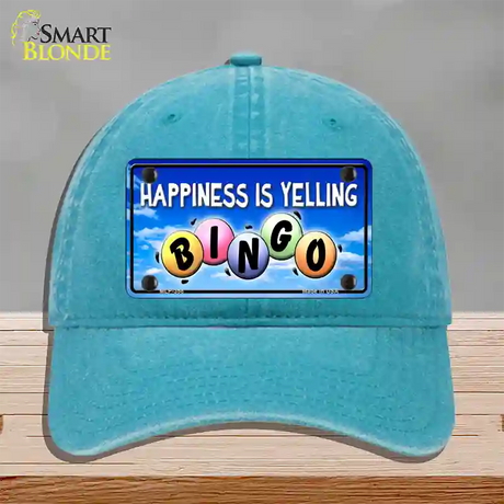 Happiness Is Yelling Bingo Novelty License Plate Hat Unconstructed Cotton / Lake Blue