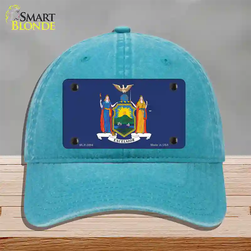 New York State Flag Novelty License Plate Hat Unconstructed Cotton / Lake Blue