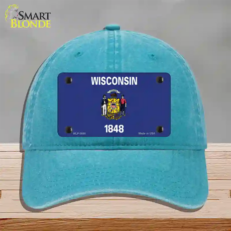 Wisconsin State Flag Novelty License Plate Hat Unconstructed Cotton / Lake Blue