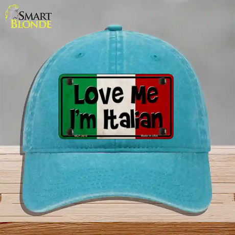 Love Me Im Italian Novelty License Plate Hat Unconstructed Cotton / Lake Blue