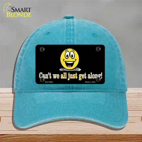 Cant We All Get Along Novelty License Plate Hat Unconstructed Cotton / Lake Blue