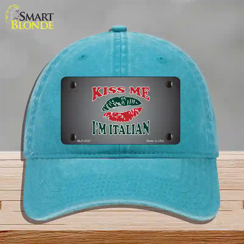 Kiss Me Im Italian Novelty License Plate Hat Unconstructed Cotton / Lake Blue