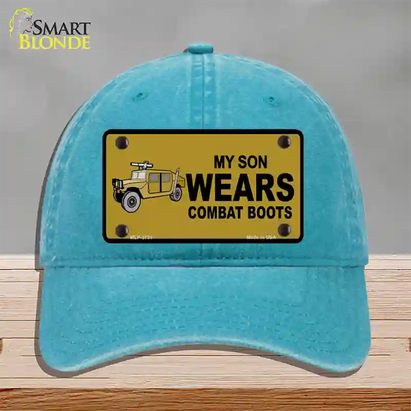 Son Wears Combat Boots Novelty License Plate Hat Unconstructed Cotton / Lake Blue