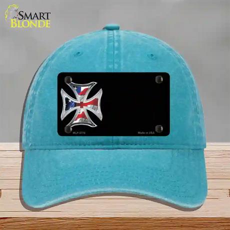 American Flag Maltese Cross Offset Novelty License Plate Hat Unconstructed Cotton / Lake Blue