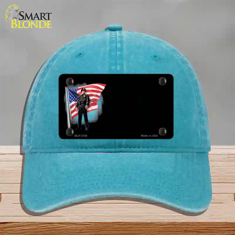 Police Officer American Flag Offset Novelty License Plate Hat Unconstructed Cotton / Lake Blue