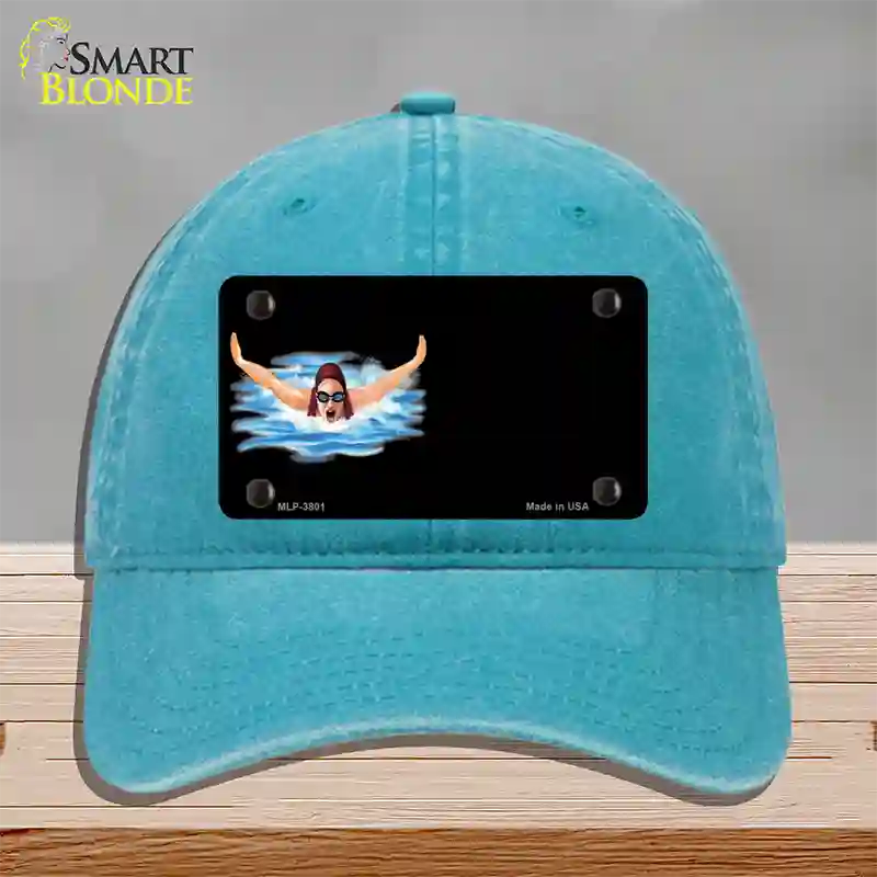 Female Swimmer Offset Novelty License Plate Hat Unconstructed Cotton / Lake Blue