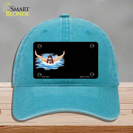 Female Swimmer Offset Novelty License Plate Hat Unconstructed Cotton / Lake Blue