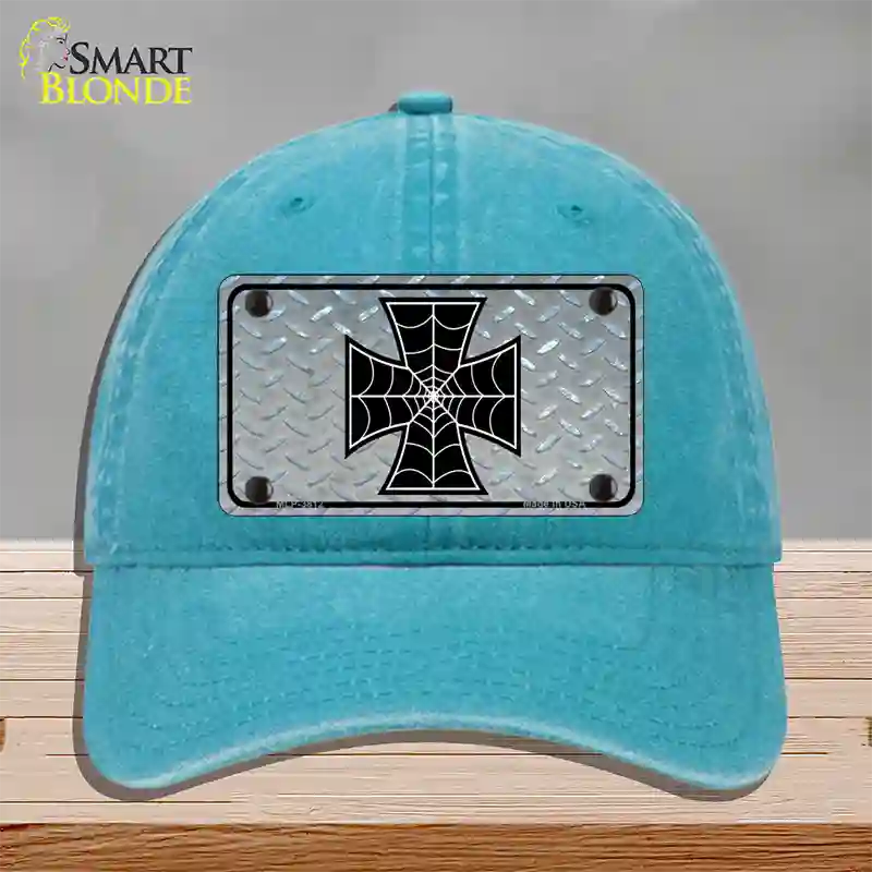 Maltese Cross Spider Web Novelty License Plate Hat Unconstructed Cotton / Lake Blue