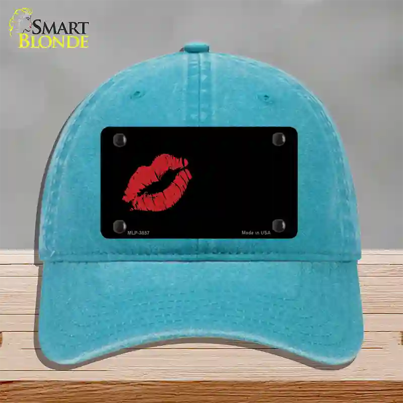 Red Lips Offset Novelty License Plate Hat Unconstructed Cotton / Lake Blue