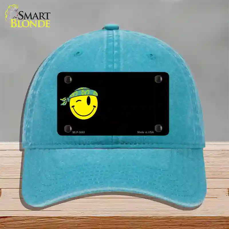 Winking Peace Smiley Offset Novelty License Plate Hat Unconstructed Cotton / Lake Blue