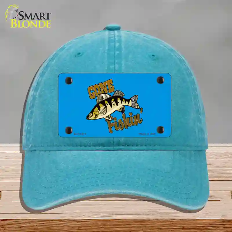 Gone Fishin Novelty License Plate Hat Unconstructed Cotton / Lake Blue