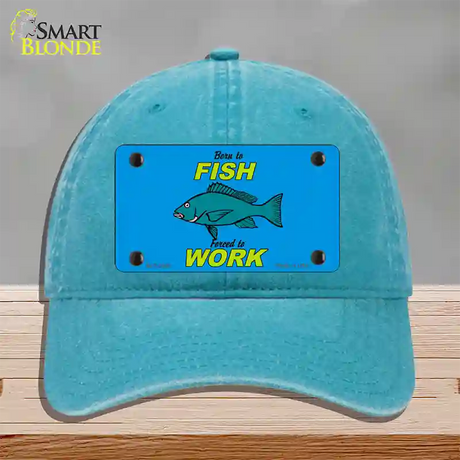 Born To Fish Novelty License Plate Hat Unconstructed Cotton / Lake Blue