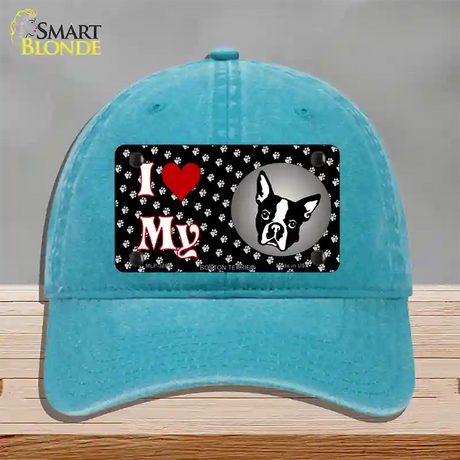 I Love My Boston Terrier Novelty License Plate Hat Unconstructed Cotton / Lake Blue