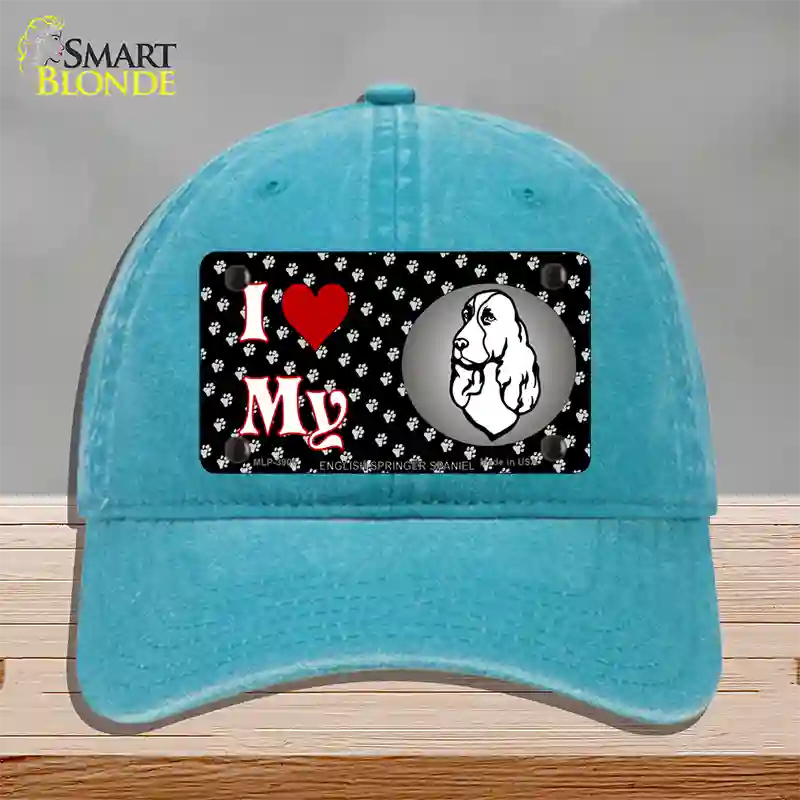 I Love My English Springer Spaniel Novelty License Plate Hat Unconstructed Cotton / Lake Blue