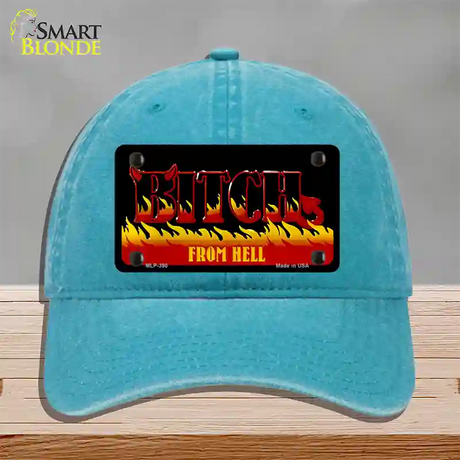 Bitch From Hell Flames Novelty License Plate Hat Unconstructed Cotton / Lake Blue