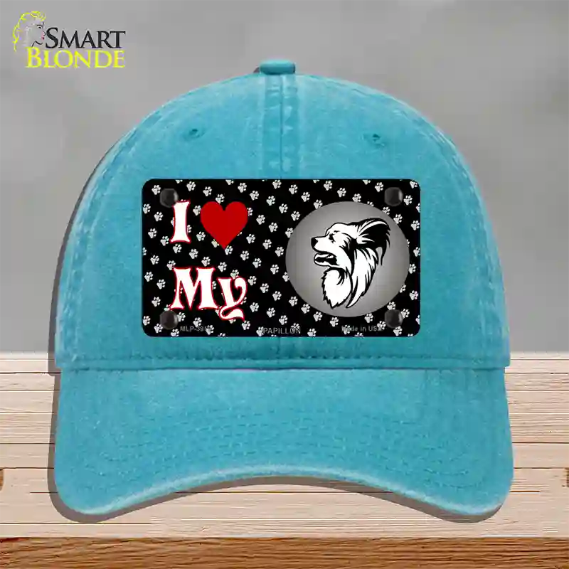 I Love My Papillon Novelty License Plate Hat Unconstructed Cotton / Lake Blue