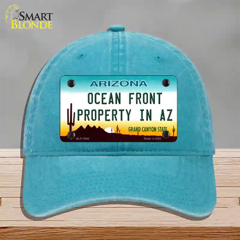 Ocean Front Property Novelty License Plate Hat Unconstructed Cotton / Lake Blue