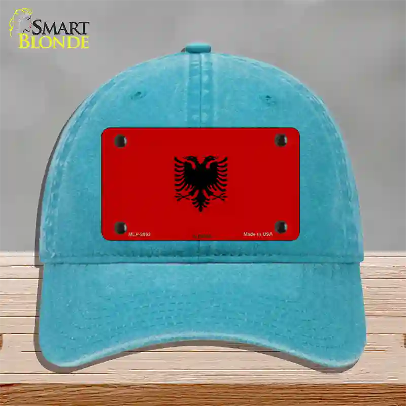 Albania Flag Novelty License Plate Hat Unconstructed Cotton / Lake Blue