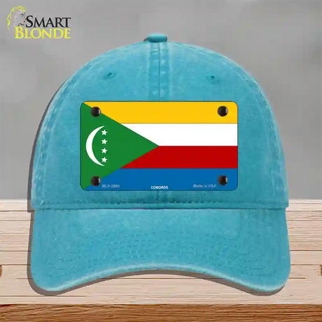 Comoros Flag Novelty License Plate Hat Unconstructed Cotton / Lake Blue