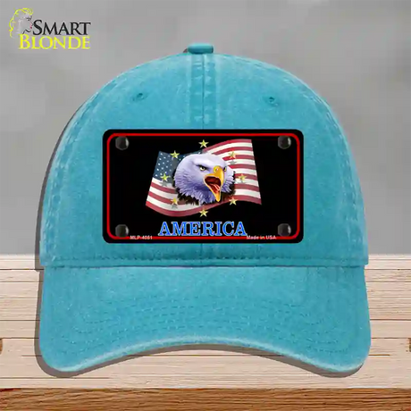 Waving Flag Bald Eagle Black Novelty License Plate Hat Unconstructed Cotton / Lake Blue