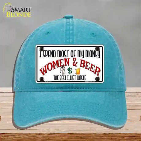 Money On Women And Beer Novelty License Plate Hat Unconstructed Cotton / Lake Blue