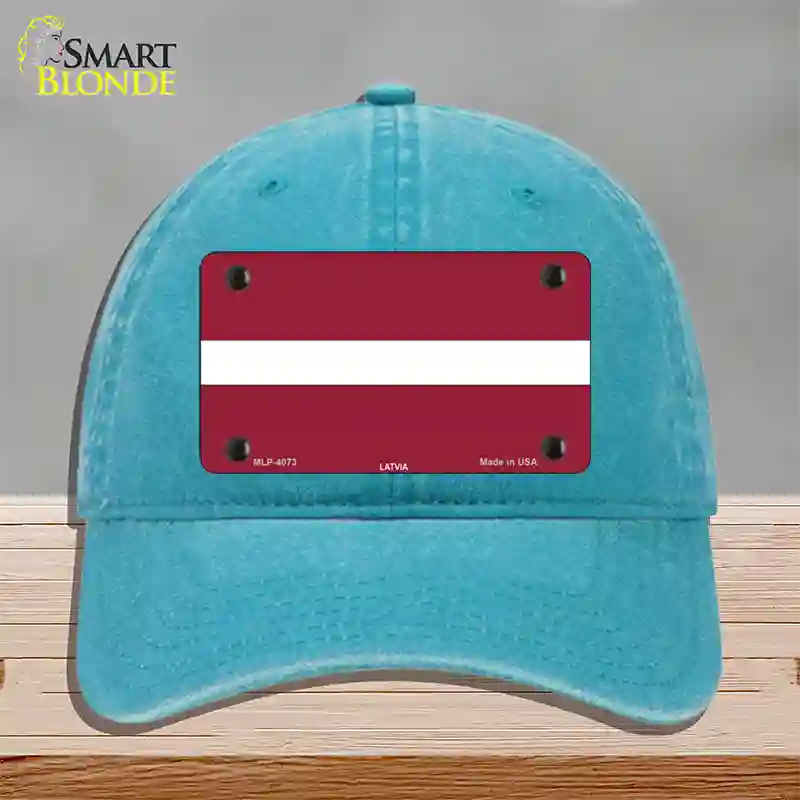 Latvia Flag Novelty License Plate Hat Unconstructed Cotton / Lake Blue