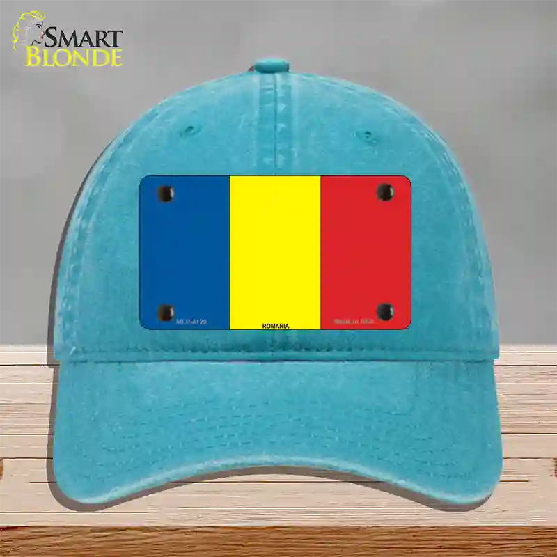 Romania Flag Novelty License Plate Hat Unconstructed Cotton / Lake Blue