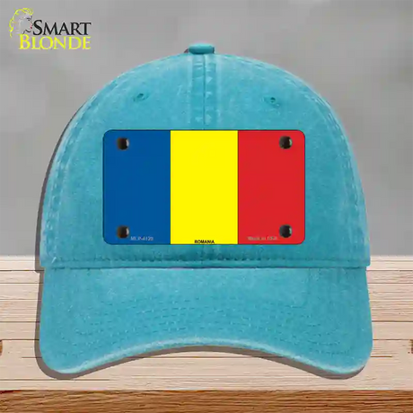 Romania Flag Novelty License Plate Hat Unconstructed Cotton / Lake Blue