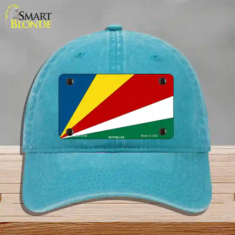 Seychelles Flag Novelty License Plate Hat Unconstructed Cotton / Lake Blue