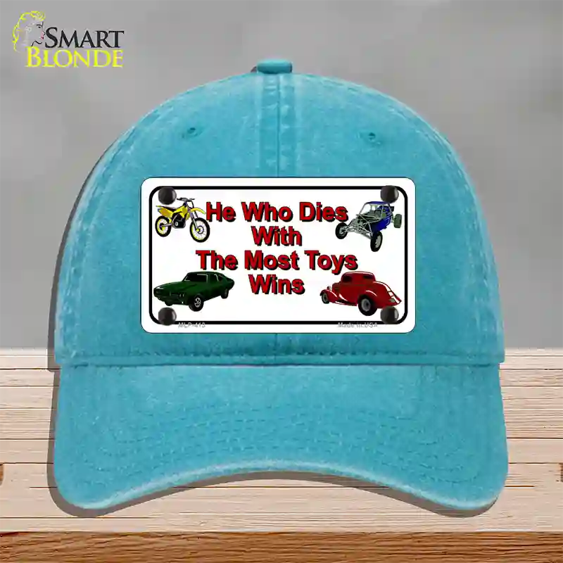 He With The Most Toys Wins Novelty License Plate Hat Unconstructed Cotton / Lake Blue