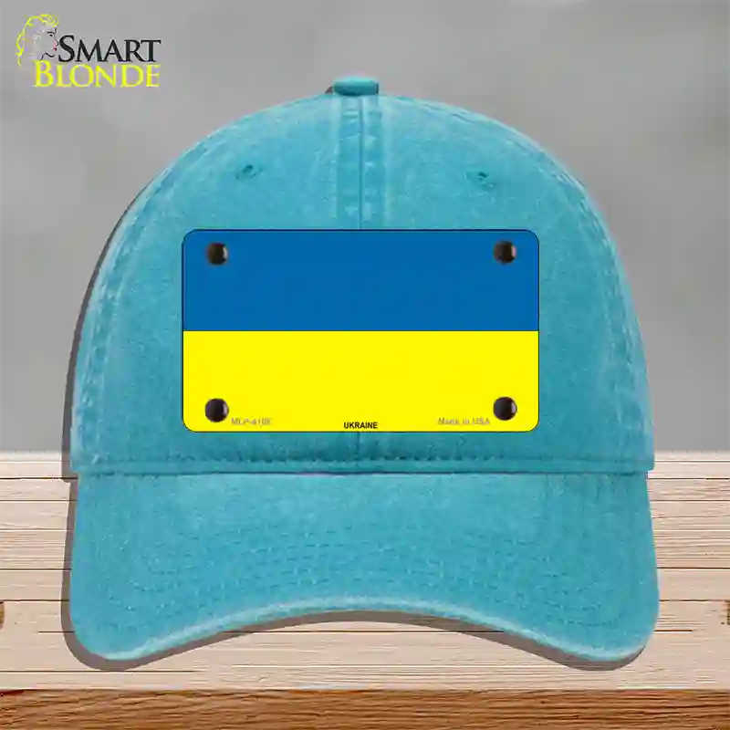 Ukraine Flag Novelty License Plate Hat Unconstructed Cotton / Lake Blue