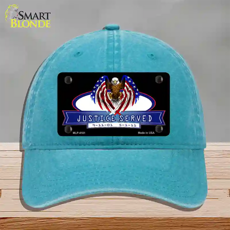 America Justice Served Novelty License Plate Hat Unconstructed Cotton / Lake Blue