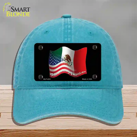 Mexican American Flag Novelty License Plate Hat Unconstructed Cotton / Lake Blue