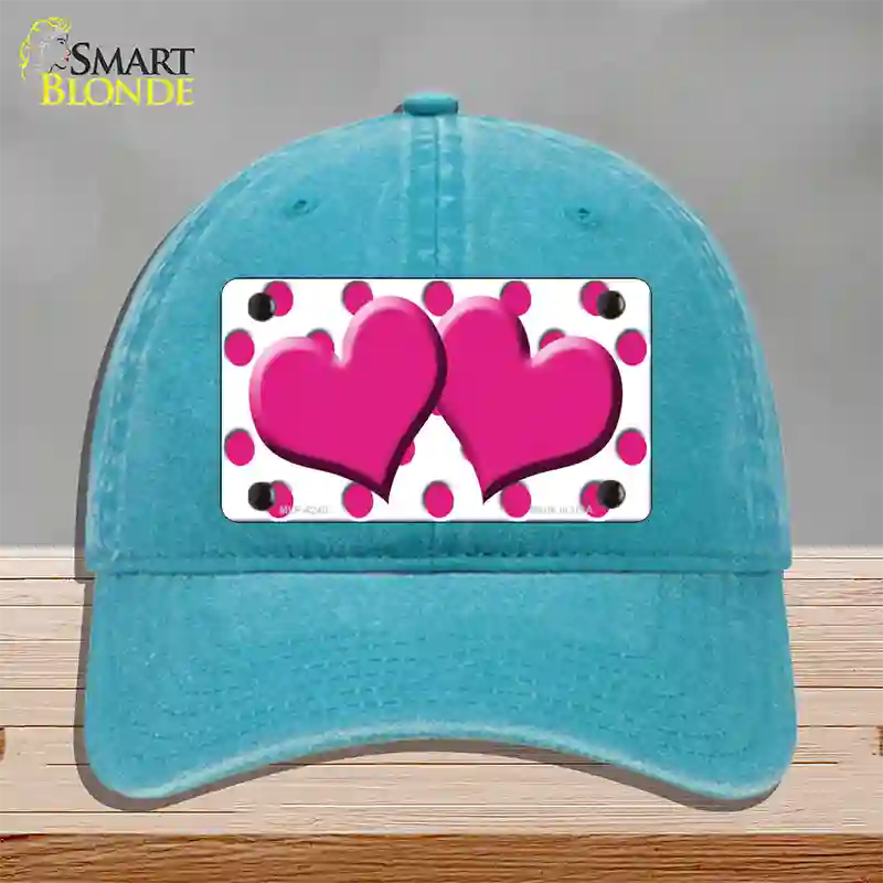 Hot Pink White Polka Dot Hot Pink Centered Hearts Novelty License Plate Hat Unconstructed Cotton / Lake Blue