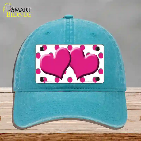 Hot Pink White Polka Dot Hot Pink Centered Hearts Novelty License Plate Hat Unconstructed Cotton / Lake Blue