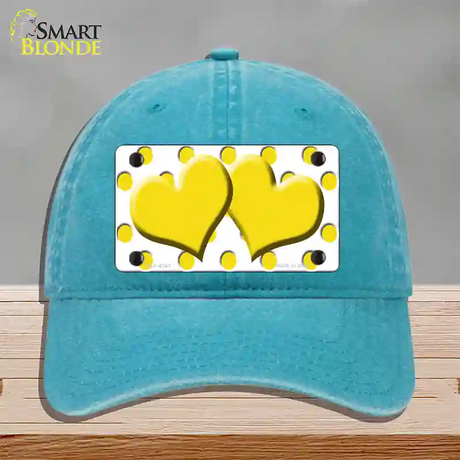 Yellow White Polka Dot Yellow Centered Hearts Novelty License Plate Hat Unconstructed Cotton / Lake Blue