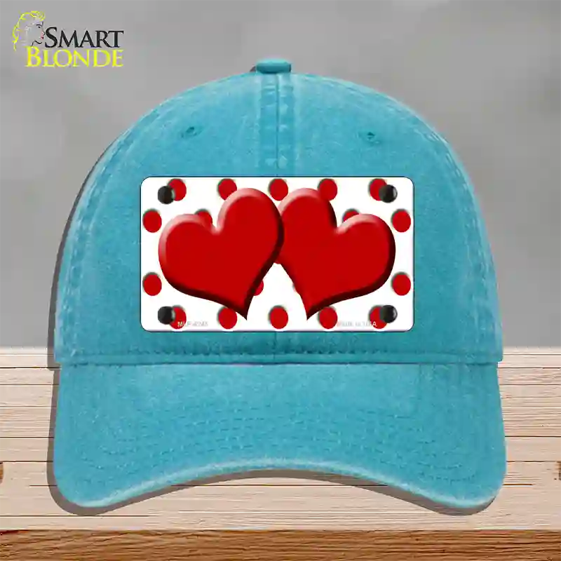 Red White Polka Dot Red Centered Hearts Novelty License Plate Hat Unconstructed Cotton / Lake Blue