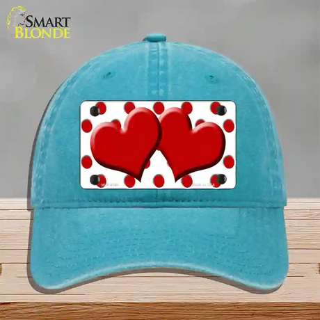 Red White Polka Dot Red Centered Hearts Novelty License Plate Hat Unconstructed Cotton / Lake Blue