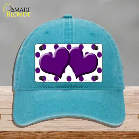 Purple White Polka Dot Purple Centered Hearts Novelty License Plate Hat Unconstructed Cotton / Lake Blue