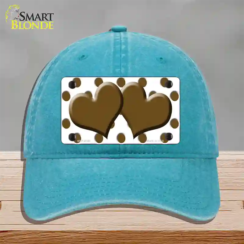 Brown White Polka Dot With Brown Centered Hearts Novelty License Plate Hat Unconstructed Cotton / Lake Blue