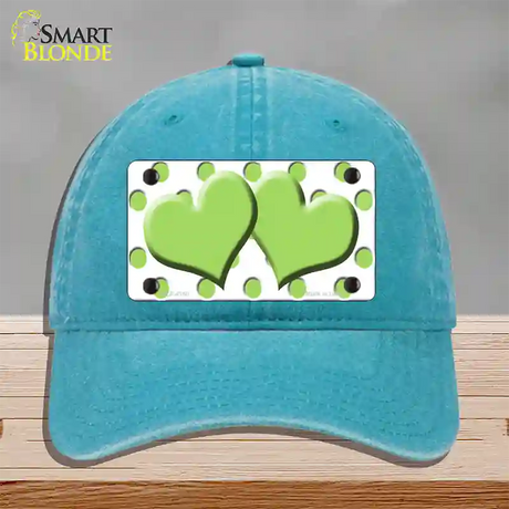 Lime Green White Polka Dot Lime Green Centered Hearts Novelty License Plate Hat Unconstructed Cotton / Lake Blue