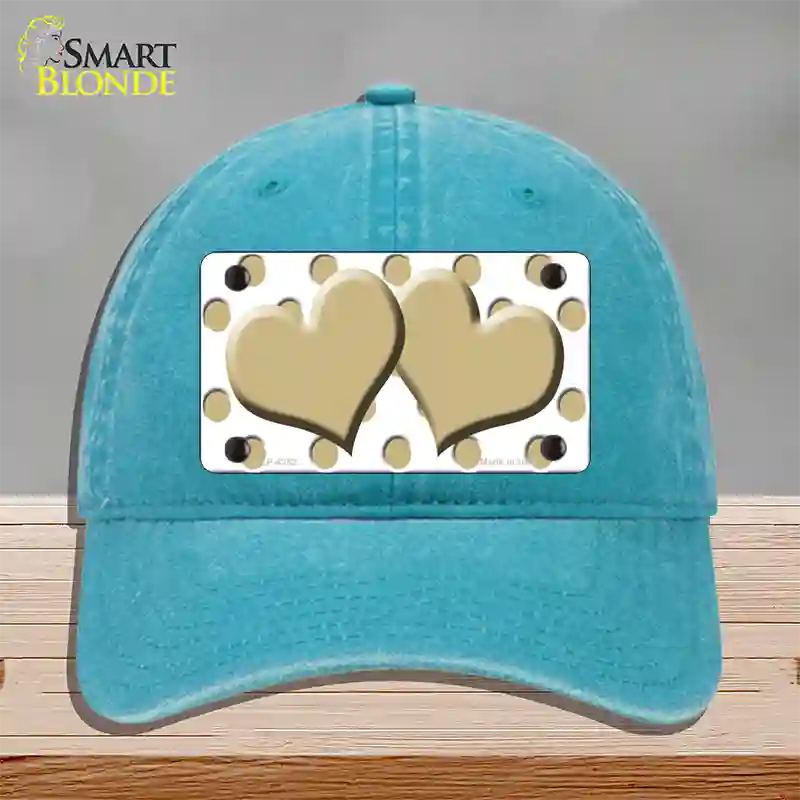 Gold White Polka Dot Gold Centered Hearts Novelty License Plate Hat Unconstructed Cotton / Lake Blue