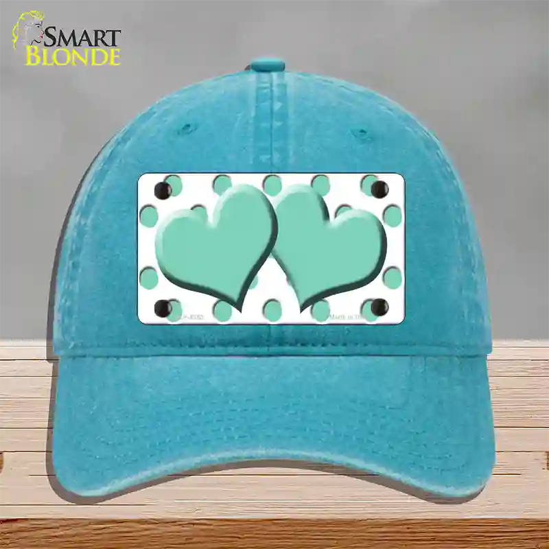 Mint White Polka Dot Mint Centered Hearts Novelty License Plate Hat Unconstructed Cotton / Lake Blue