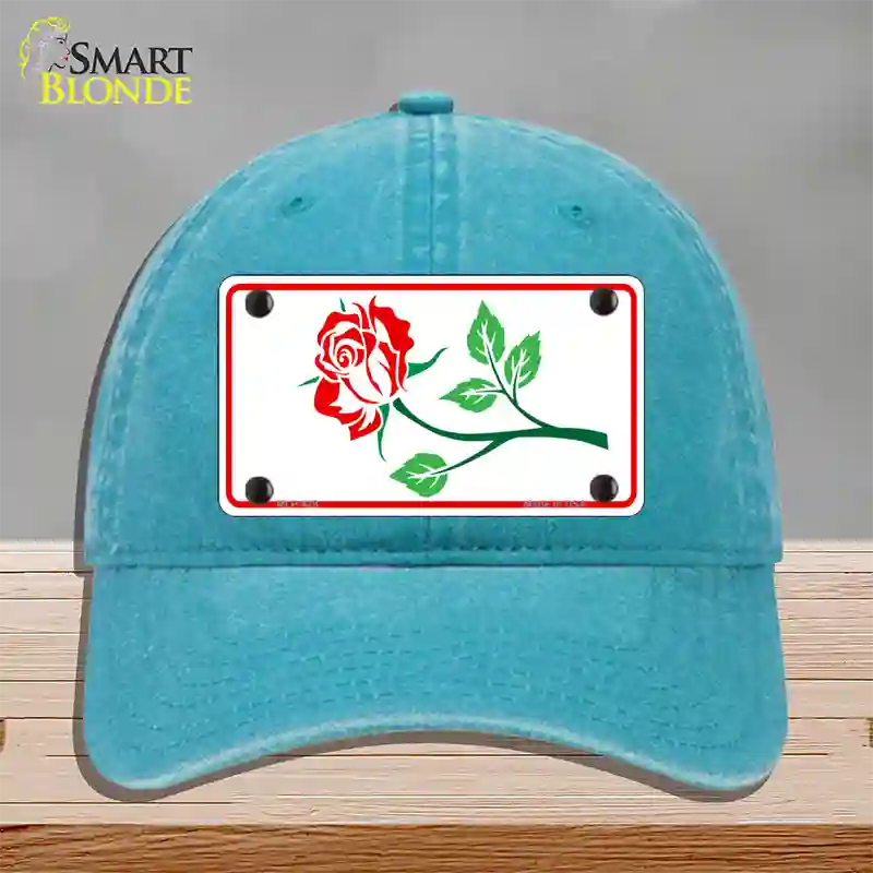 Rose Design White Novelty License Plate Hat Unconstructed Cotton / Lake Blue