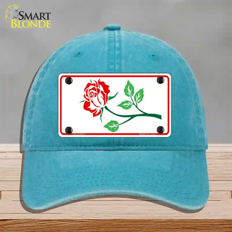 Rose Design White Novelty License Plate Hat Unconstructed Cotton / Lake Blue