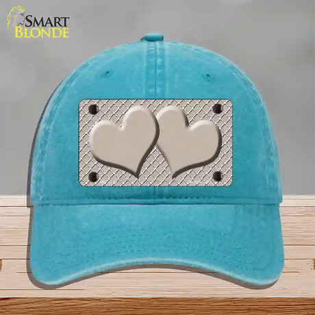Tan White Quatrefoil Tan Center Hearts Novelty License Plate Hat Unconstructed Cotton / Lake Blue