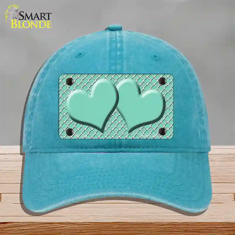 Mint White Quatrefoil And Mint Center Hearts Novelty License Plate Hat Unconstructed Cotton / Lake Blue