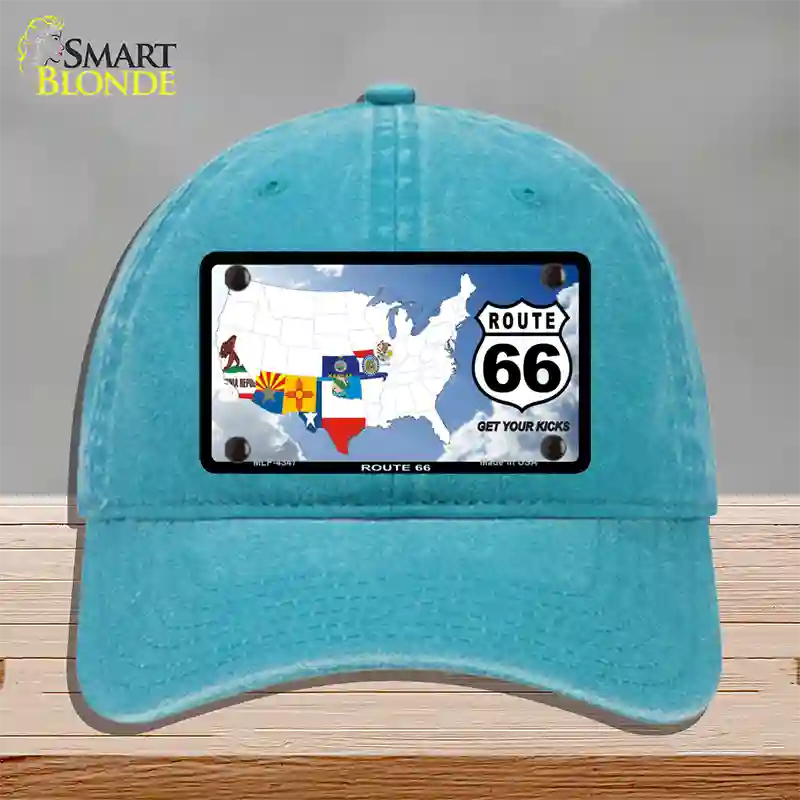 Route 66 8 Flags Clouds Novelty License Plate Hat Unconstructed Cotton / Lake Blue