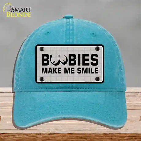 Boobies Make Me Smile Novelty License Plate Hat Unconstructed Cotton / Lake Blue