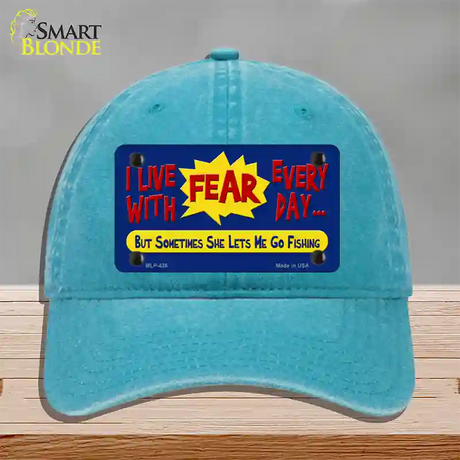 I Live With Fear Novelty License Plate Hat Unconstructed Cotton / Lake Blue